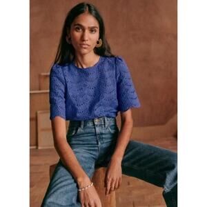 Sezane Lisa Blouse Electric Blue Scalloped Sleeve Embroidered Eyelet 40 US 8